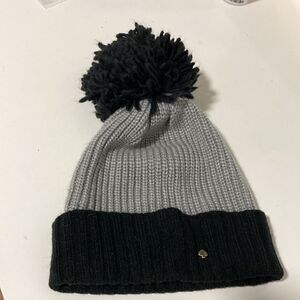 Kate Spade, black and gray knit beanie with big pom on top